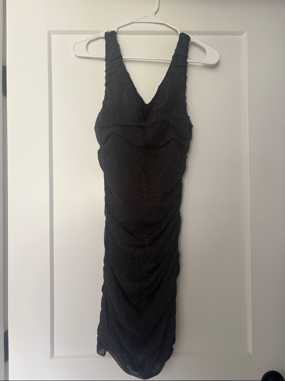 Express Black Sparkle V-Neck Ruched Midi Dress